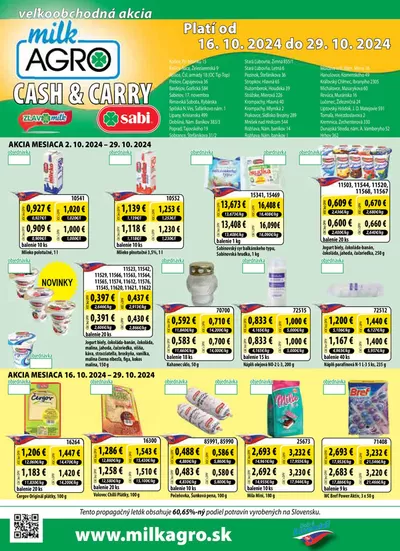 Ponuky Supermarkety v Košice | Cash & Carry leták de Milk Agro | 16. 10. 2024 - 29. 10. 2024