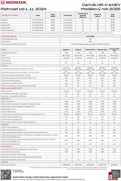 Ponuky Auto, Moto a Náhradné Diely v Kysucké Nové Mesto | Honda Cenník HR-V 2025 de Honda | 5. 11. 2024 - 5. 11. 2025