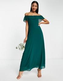 Vila bridesmaids off shoulder maxi dress in dark green v akcii za 39,5€ v asos