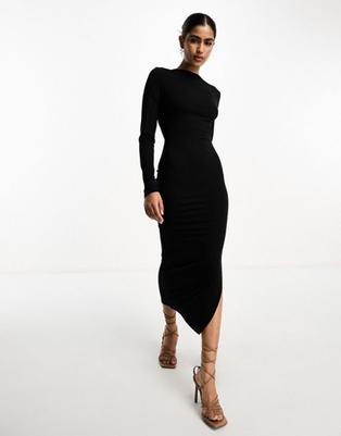 ASOS DESIGN long sleeve midi dress with open back and strap detail in black v akcii za 11€ v asos