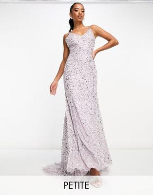 Beauut Petite Bridesmaid allover embellished cami slip maxi dress with train in muted lavender v akcii za 29,7€ v asos