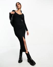 ASOS DESIGN v neck long sleeve ribbed midi dress with front split detail in black v akcii za 11,25€ v asos