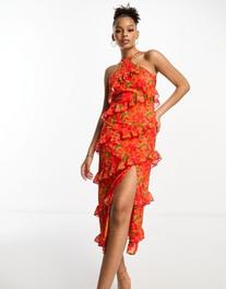 Pretty Lavish halterneck ruffle split midaxi dress in red and orange floral v akcii za 45,5€ v asos