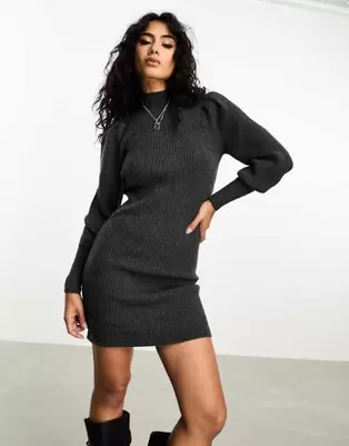 ONLY high neck puff sleeve mini jumper dress in dark grey v akcii za 30€ v asos