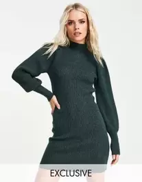 ONLY exclusive volume sleeve high neck knitted jumper dress in dark green v akcii za 32€ v asos