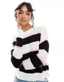 Brave Soul stripe crew neck jumper in black, white and pink v akcii za 20,99€ v asos